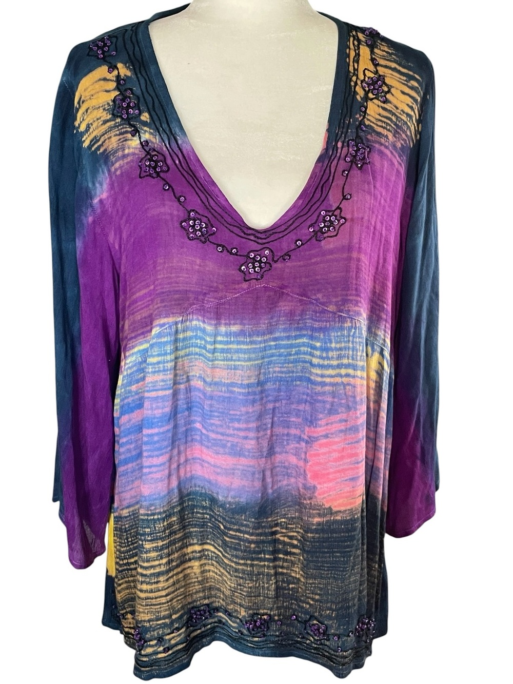 Greater Good Tie Dye Embroidered Tunic Top SZ S/M Boho Sequined Oversized Rayon